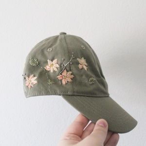 Embroidered Flower Pink And Olive Green Women's Cap